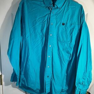 Cinch Button-Up Long Sleeve Teal Shirt